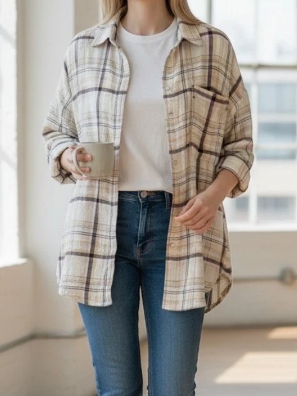Free People Beige and Brown Plaid Button-Down Shirt Shacket Size S